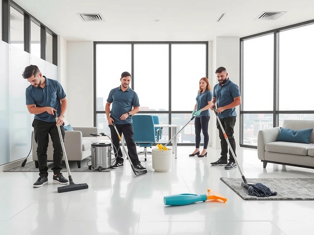 Professional cleaning team at work in modern office environment