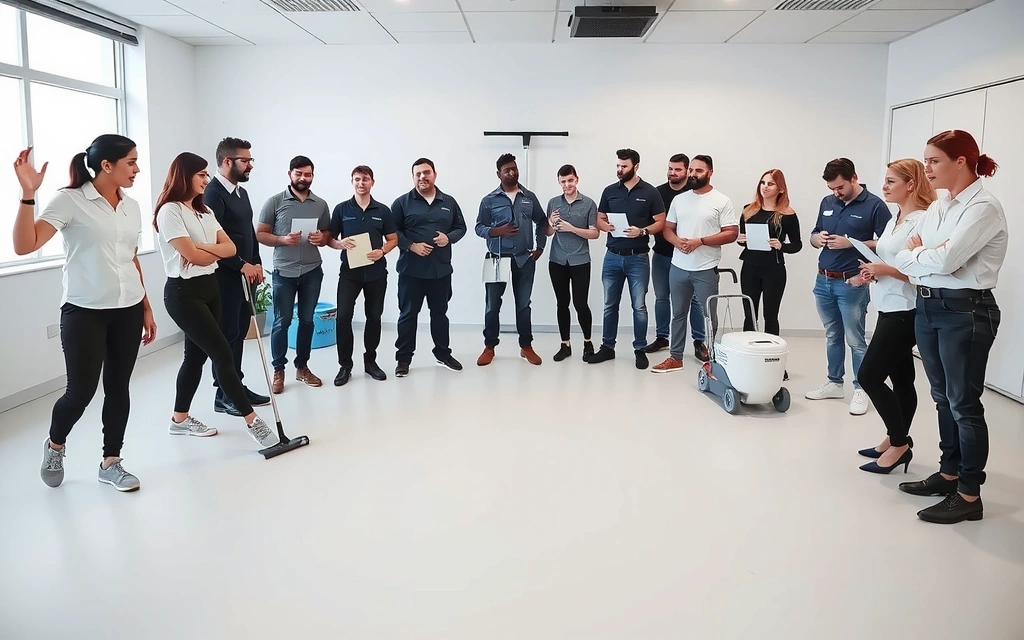 Professional cleaning team in training session with certificates