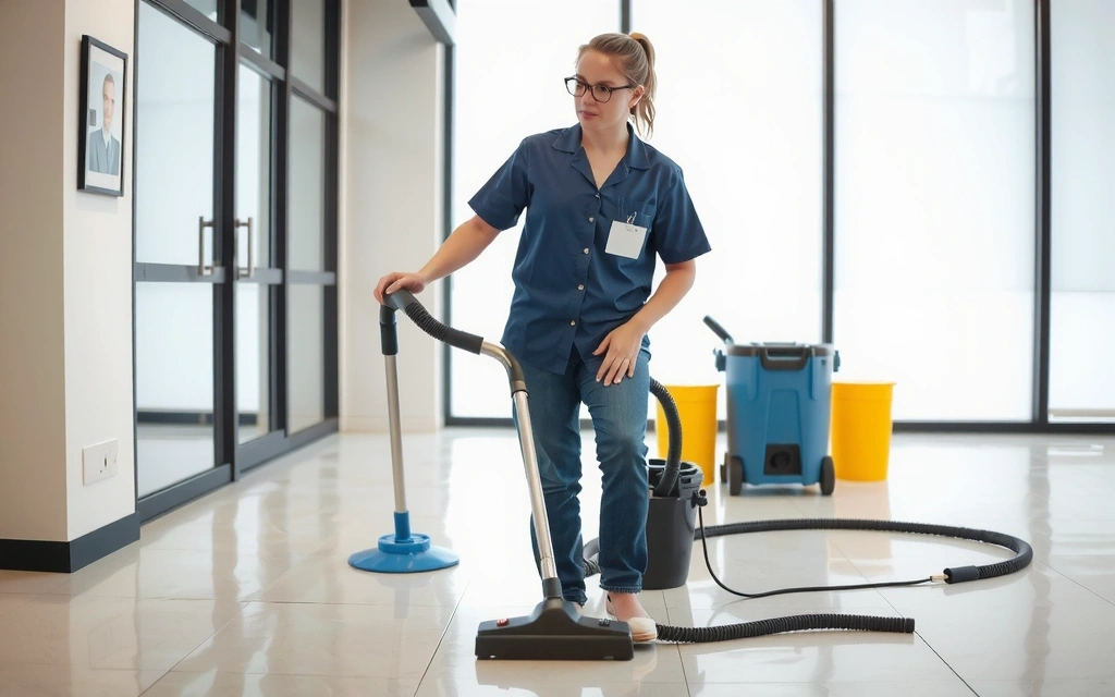 Team member using professional cleaning equipment in commercial setting